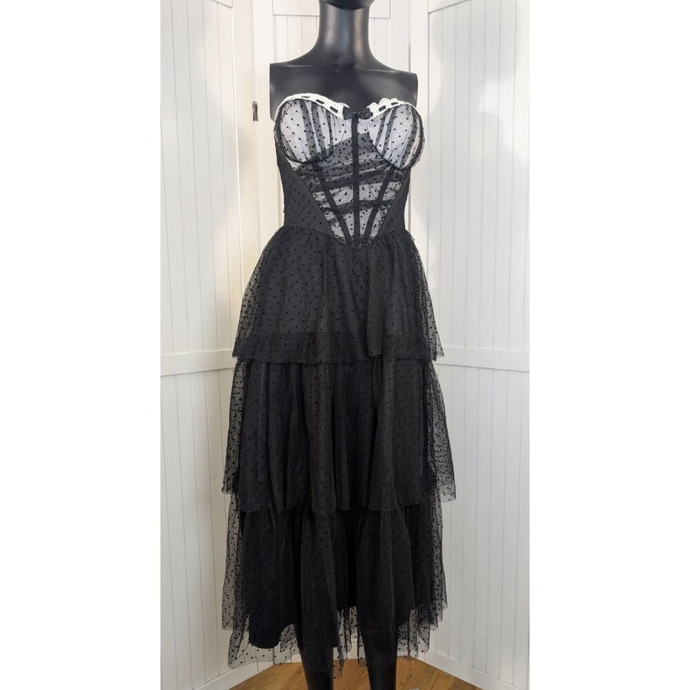 Fashion Nova Black Polka Dot Mesh Midi Dress Strapless Lace Trim Size M NWT